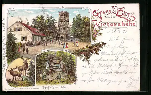 Lithographie Victorshöhe /Harz, Gruss mit der Teufelsmühle