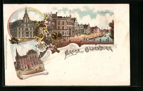 Lithographie Oldenburg, Am Stau, Schloss, Rathaus