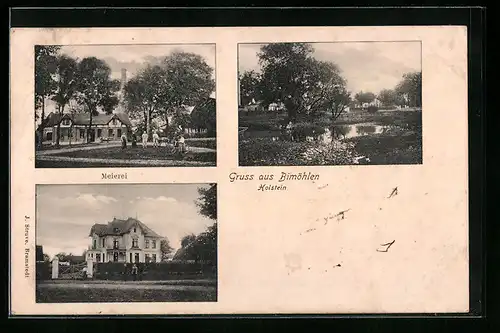 AK Bimöhlen /Holstein, Meierei, Teich und Strassenpartie