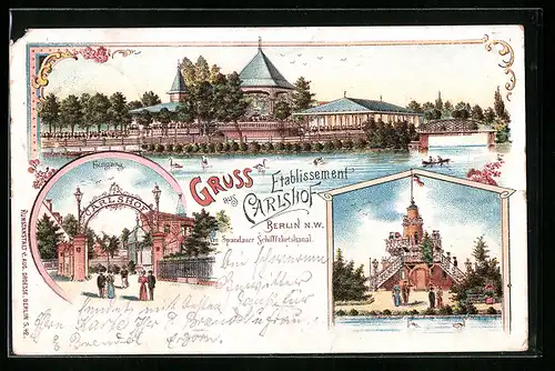 Lithographie Berlin, Etablissement Carlshof mit Eingang, Am Spandauer Schifffahrtskanal