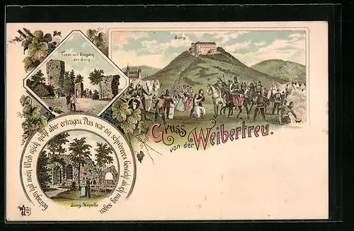 Lithographie Weinsberg, Burg Weibertreu, Burg-Kapelle und Turm mit Eingang