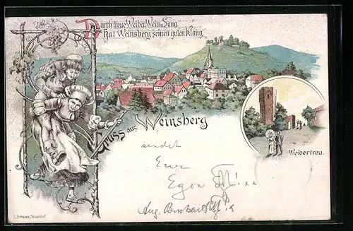 Lithographie Weinsberg, Ortsansicht mit Weibertreu
