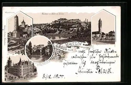 Lithographie Bautzen, Ortsansicht, Wasserturm, Reichenturm, Kaserne