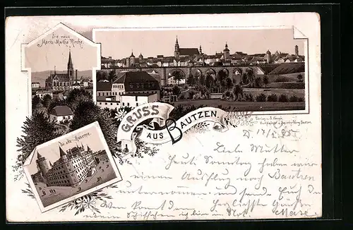 Lithographie Bautzen, Ortsansicht, Maria-Martha-Kirche, Kaserne