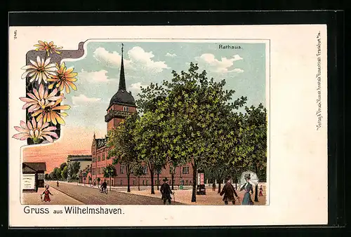 Lithographie Wilhelmshaven, Passanten vor dem Rathaus