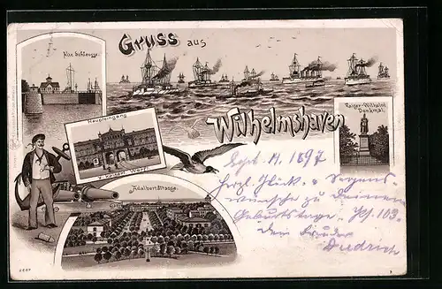 Lithographie Wilhelmshaven, Alte Schleuse, Kaiserl. Werft, Adalbertstrasse