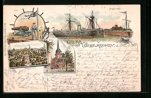Lithographie Wilhelmshaven, Rathaus, Adalbertstrasse, Flaggenstation und Schiff S. M. S. Mars