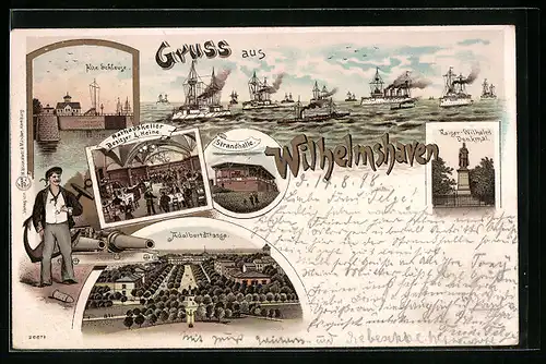 Lithographie Wilhelmshaven, Rathauskeller, Strandhalle, Adalbertstrasse