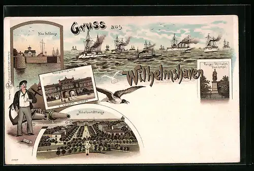 Lithographie Wilhelmshaven, Alte Schleuse, Kaiserl. Werft, Adalbertstrasse