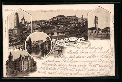 Lithographie Bautzen, Wasserturm, Schloss Ortenburg, Caserne