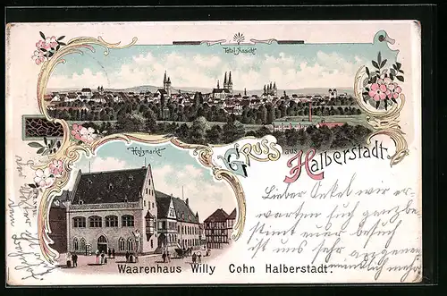 Lithographie Halberstadt, Totalansicht und Holzmarkt mit Passanten