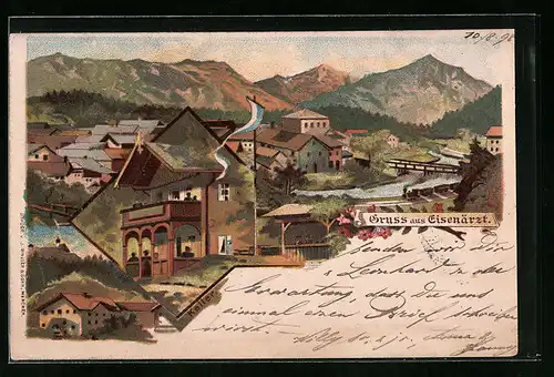 Lithographie Eisenärzt, Ortsansicht mit Gasthaus Keller