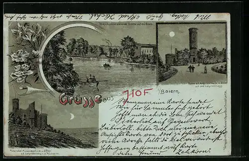 Mondschein-Lithographie Hof /Baiern, Ruine mit Aussichtsturm, Saalepartie