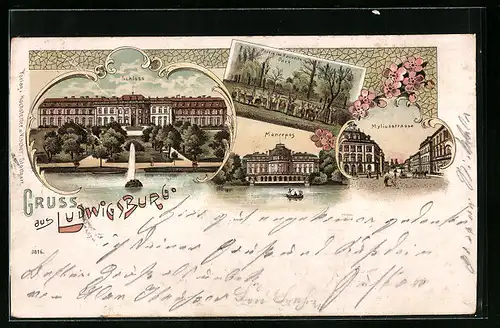 Lithographie Ludwigsburg, Schloss, Monrepos, Myliusstrasse