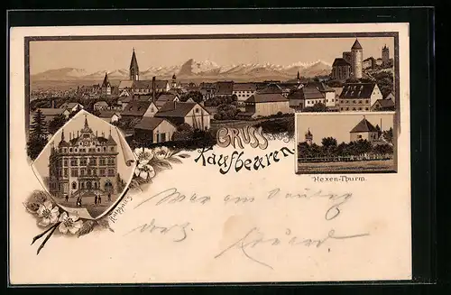 Lithographie Kaufbeuren, Teilansicht, Hexen-Thurm und Rathhaus