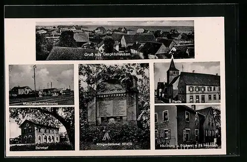 AK Geroldshausen, Teilansicht, Bahnhof, Muschelkalksteinwerke, Bäckerei Heunisch