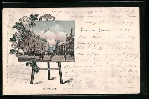 Passepartout-AK Barmen, Altenmarkt mit Strassenbahn im Bild einer Staffelei