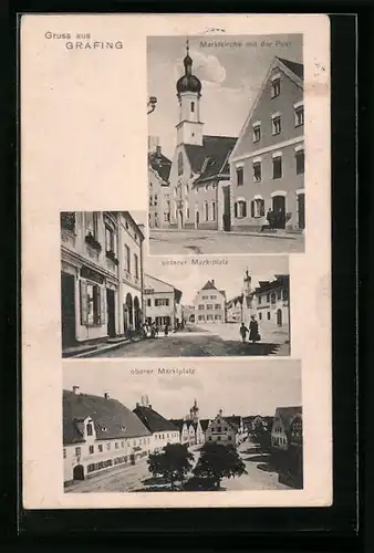 AK Grafing, Marktkirche mit der Post, unterer und oberer Markt