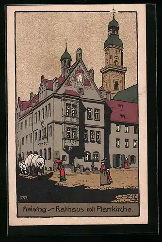 Steindruck-AK Freising, Rathaus mit Pfarrkirche