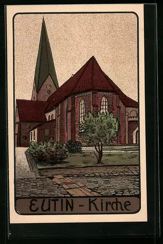 Steindruck-AK Eutin, Kirche mit Vorplatz