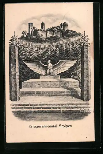 Künstler-AK Stolpen, Kriegerdenkmal, Burgberg