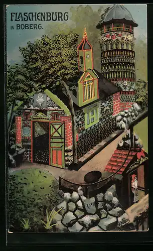 Künstler-AK Hamburg-Boberg, Flaschenburg, aus Flaschen gebautes Haus und Turm