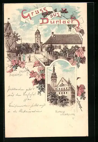 Lithographie Durlach, Baselthor, Rathaus u. Kirchturm