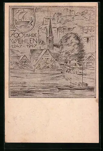 Künstler-AK Wehlen /Elbe, 700 Jahre Wehlen, 1247-1947, Ortsansicht mit Kirche