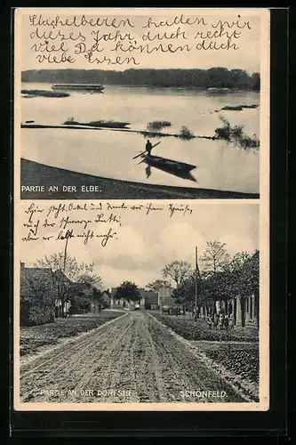 AK Schönfeld /Elbe, Ruderpartie, Strassenpartie
