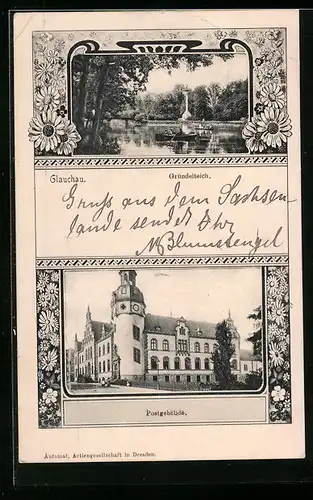 AK Glauchau, Gründelteich, Postgebäude