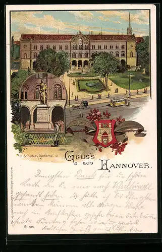 Lithographie Hannover, Schiller-Denkmal und das Real-Gymnasium, Wappen