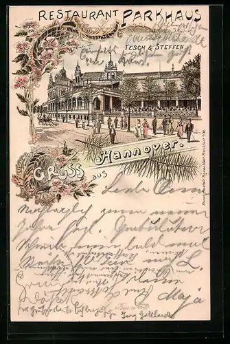 Lithographie Hannover, Restaurant Parkhaus mit Passanten