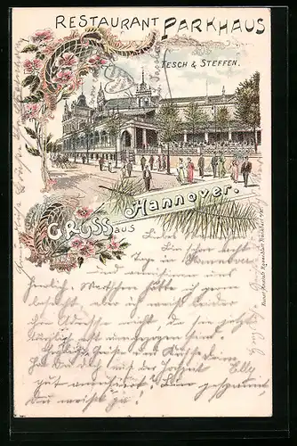 Lithographie Hannover, Restaurant Parkhaus mit Passanten