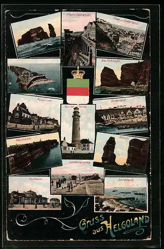 AK Helgoland, Leuchtturm, Aquarium, Landungssteg, Wappen