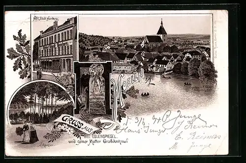 Lithographie Moelln, Till Eulenspiegel und seiner Mutter Grabdenkmal, Hotel Stadt Hamburg, Schmalsee