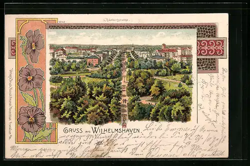 Lithographie Wilhelmshaven, Adalbertstrasse aus der Vogelschau