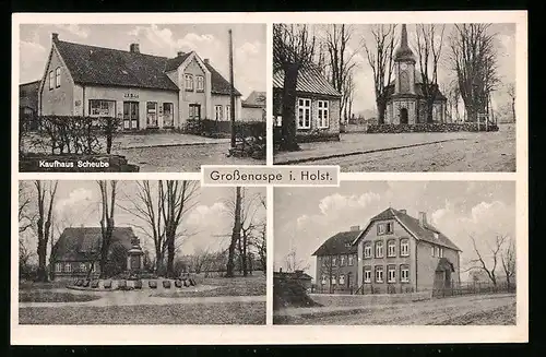AK Grossenaspe i. Holst., Kaufhaus Scheube, Kriegerdenkmal, Kirche
