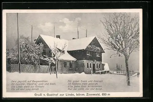 AK Zinnwald, Verschneiter Gasthof zur Linde