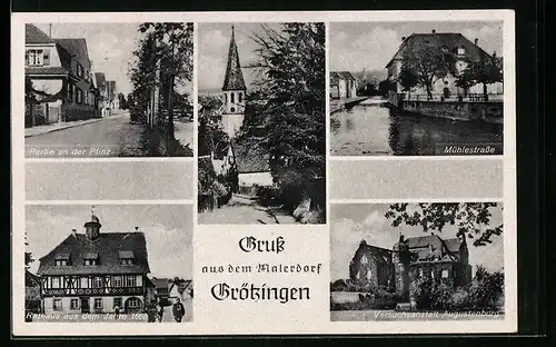 AK Grötzingen, Marktplatz mit Rathaus, Partie an der Pfinz, Versuchsanstalt Augustenburg