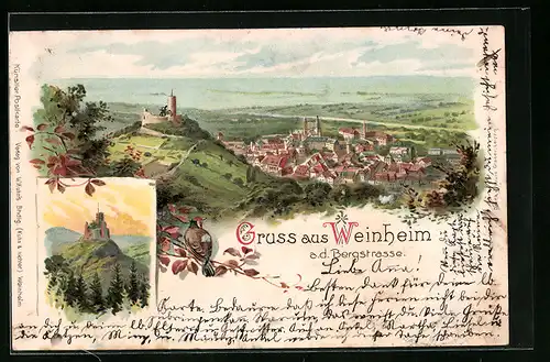 Lithographie Weinheim, Ortsansicht mit Burg