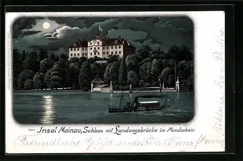 Mondschein-AK Mainau, Schloss mit Landungsbrücke, Dampfschiff