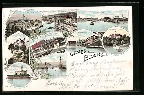 AK Konstanz, Partie vom Hafen, Schloss Mainau, Bahnhof und Hafen in Rorschach