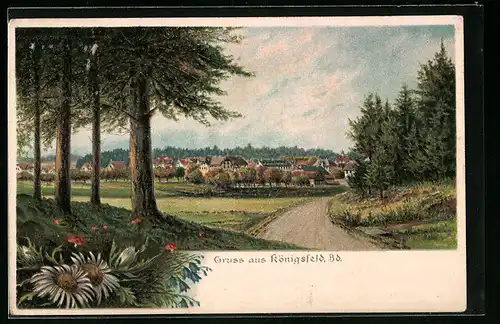 Lithographie Königsfeld, Ortsansicht mit Waldlandschaft
