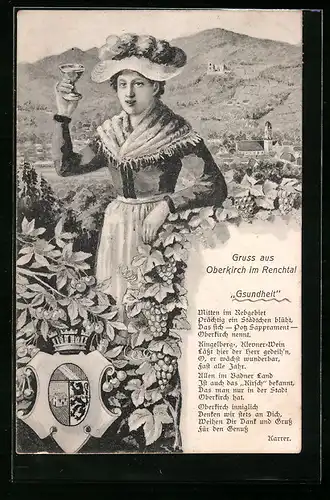 Künstler-AK Oberkirch i. Renchtal, Gsundheit, Dame mit Wein