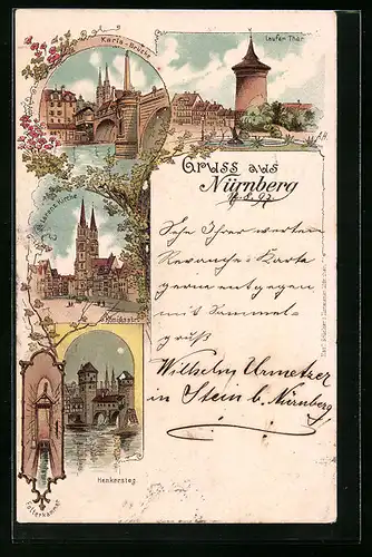 Lithographie Nürnberg, Laufer Thor, Karls-Brücke, St. Lorenz-Kirche