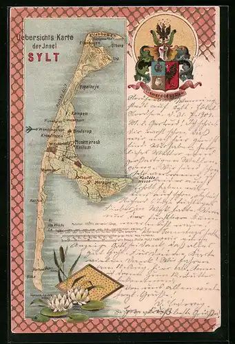 Lithographie Sylt, Landkarte der Insel mit Wappen