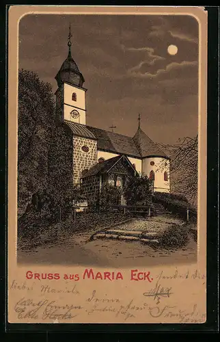 Mondschein-Lithographie Maria Eck, Kirche im Vollmondlicht