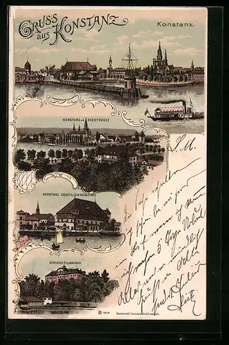 Lithographie Konstanz, Teilansicht v. d. Seestrasse, Schloss Mainau, Conciliumsgebäude