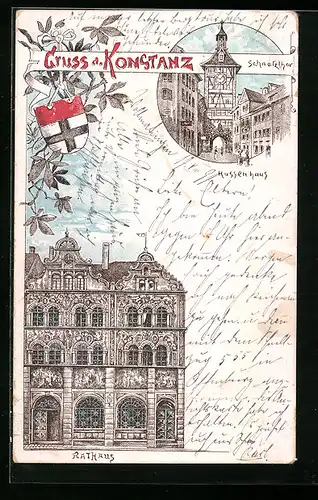 Lithographie Konstanz, Hussenhaus, Rathaus, Schnetzthor