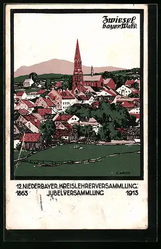 Künstler-AK Zwiesel /bayr. Wald, Gesamtansicht der Stadt